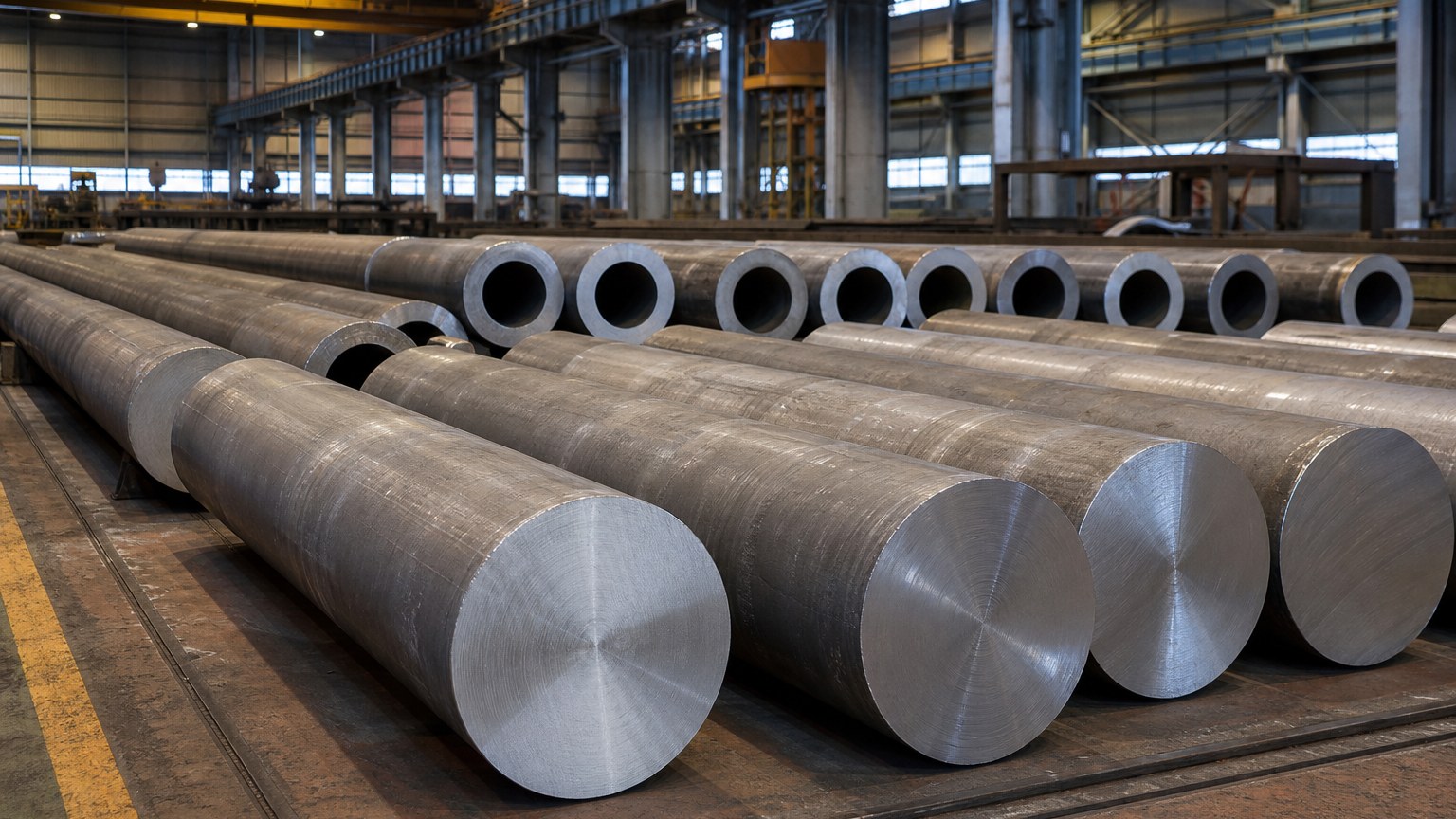 petrochemical steel pipe raw material - stainless steel billets and seamless pipe shells stored at a steel mill