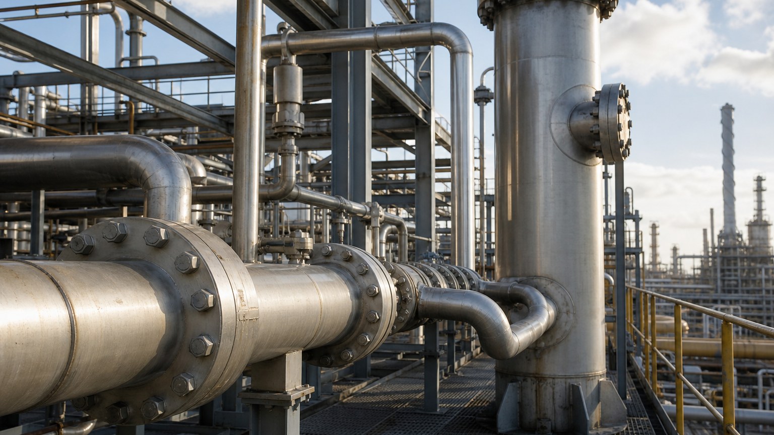 petrochemical steel pipe application - stainless steel process piping and heat exchanger circuits inside a refinery unit