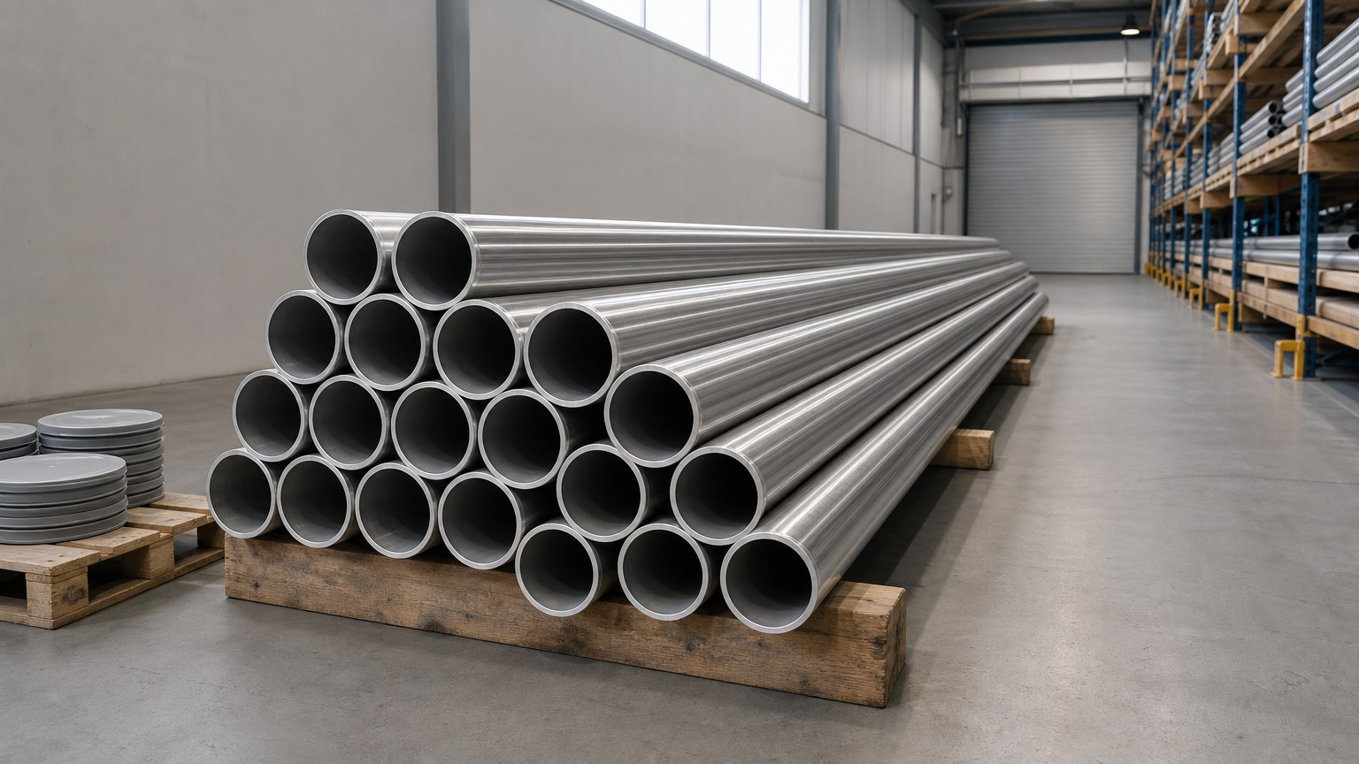 sanitary stainless steel pipe - polished TP316L tubes stacked on timber dunnage in a steel warehouse