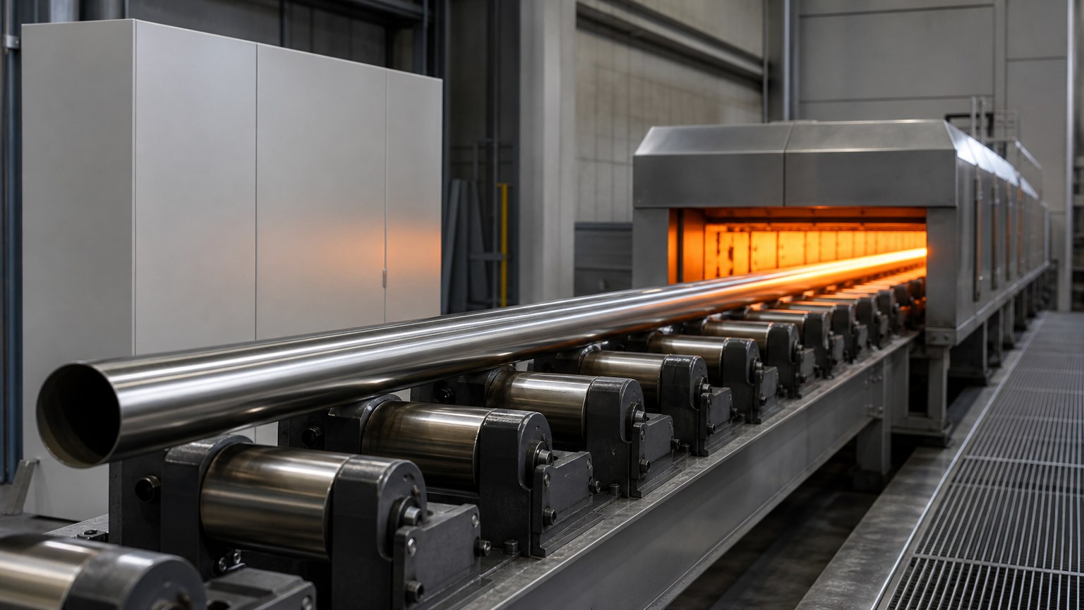 sanitary stainless steel pipe - polished stainless tubing running through a bright annealing line in a tube mill