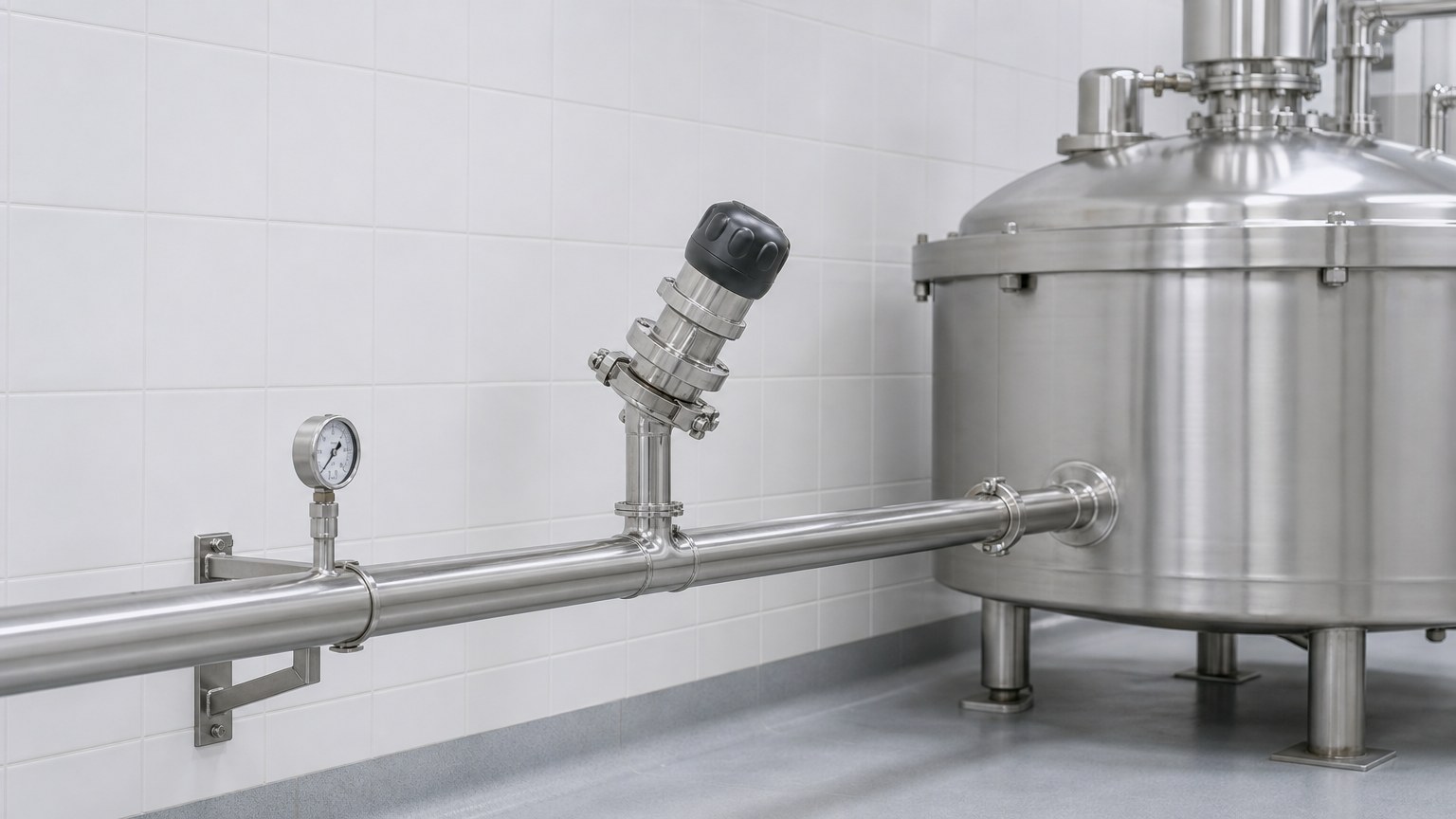 sanitary stainless steel pipe - polished hygienic process line with clamp fittings, valve and product tank in a food plant