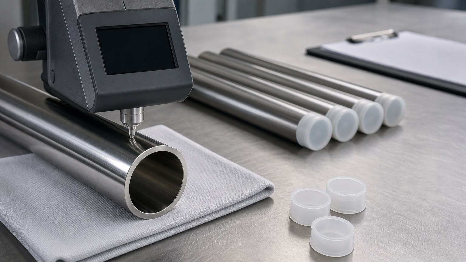 sanitary stainless steel pipe - surface roughness gauge checking the polished bore of a stainless tube before packing
