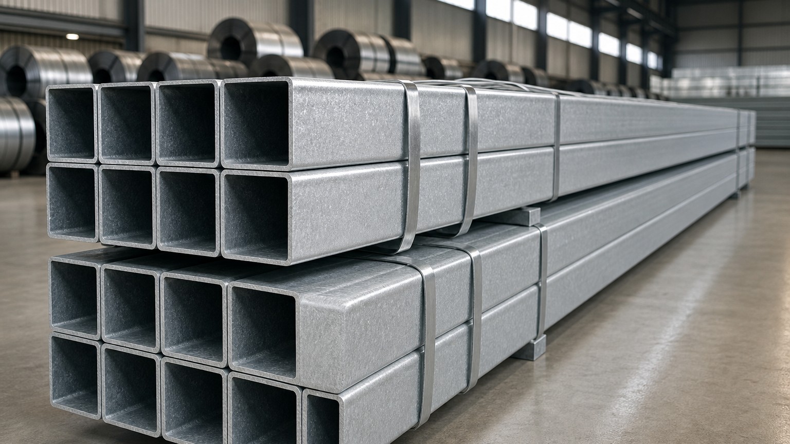 Galvanized square steel tube 80x80mm 3.0mm Z275 bundles in warehouse