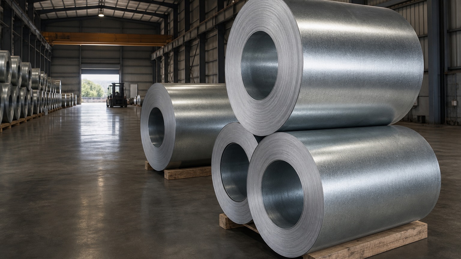 square steel tube raw material - galvanized steel strip coils and uncoiled strip stored in a steel mill warehouse