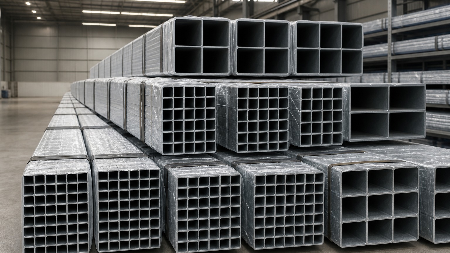 square and rectangular steel tube sizes - galvanized square tube bundles stacked by profile size in a steel warehouse