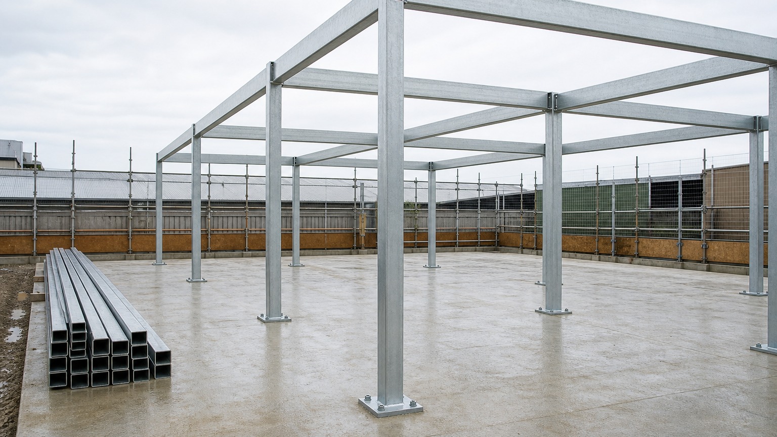 square steel tube applications - galvanized square steel tube frame structure assembled on a construction site