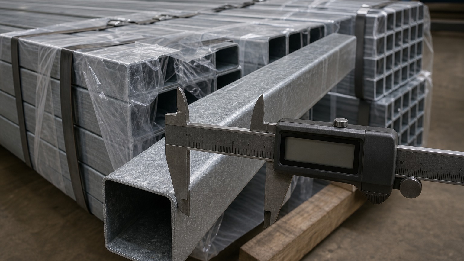 square steel tube inspection and packing - galvanized steel tube measured and banded into bundles before shipment