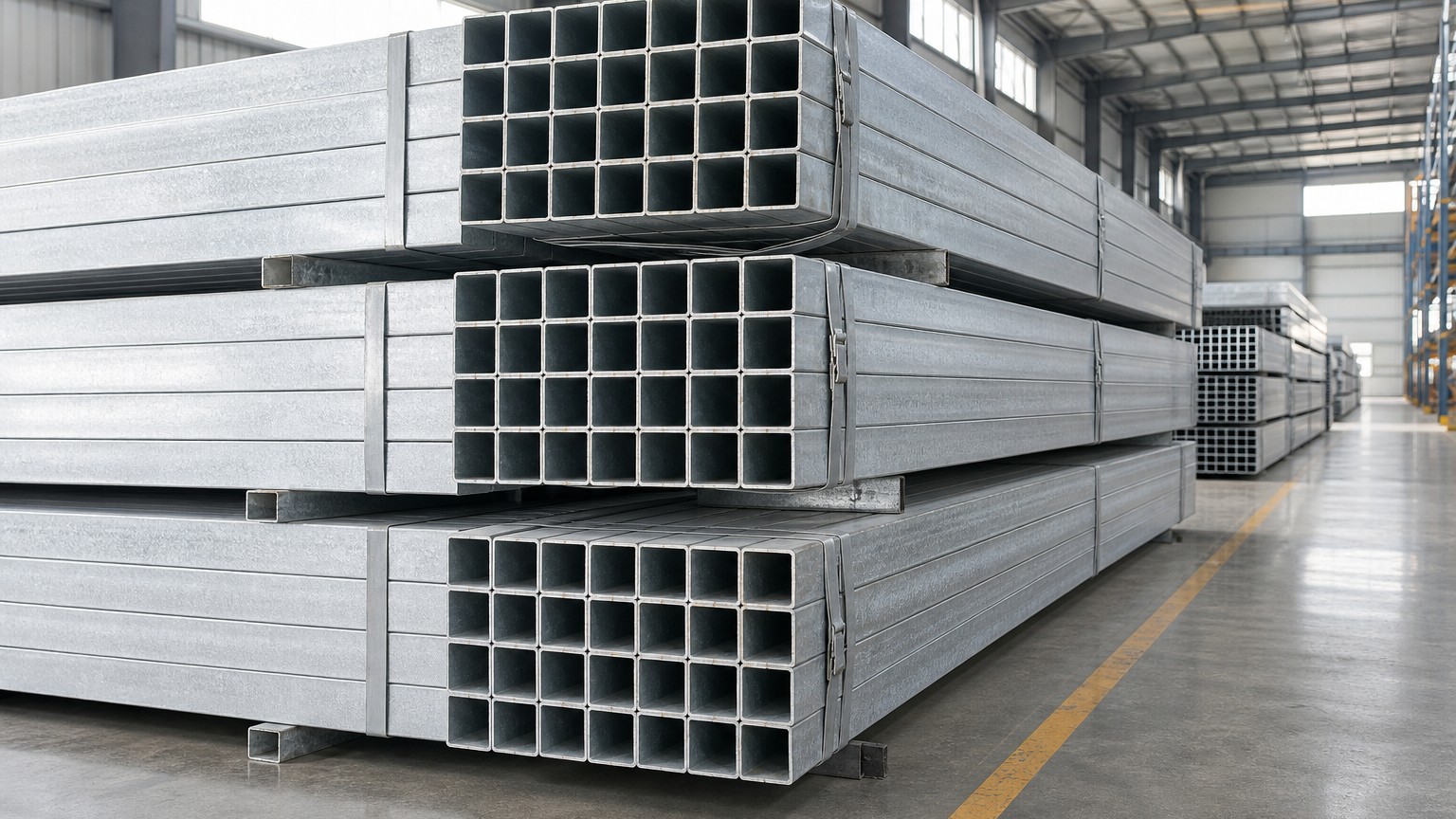 steel tube weight chart - square and rectangular steel tubes stacked in a warehouse