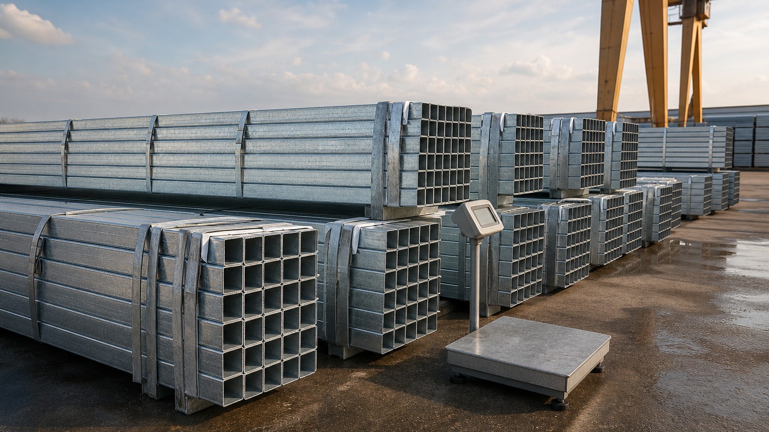 steel tube weight chart - galvanized square steel tubes bundled and strapped for shipment