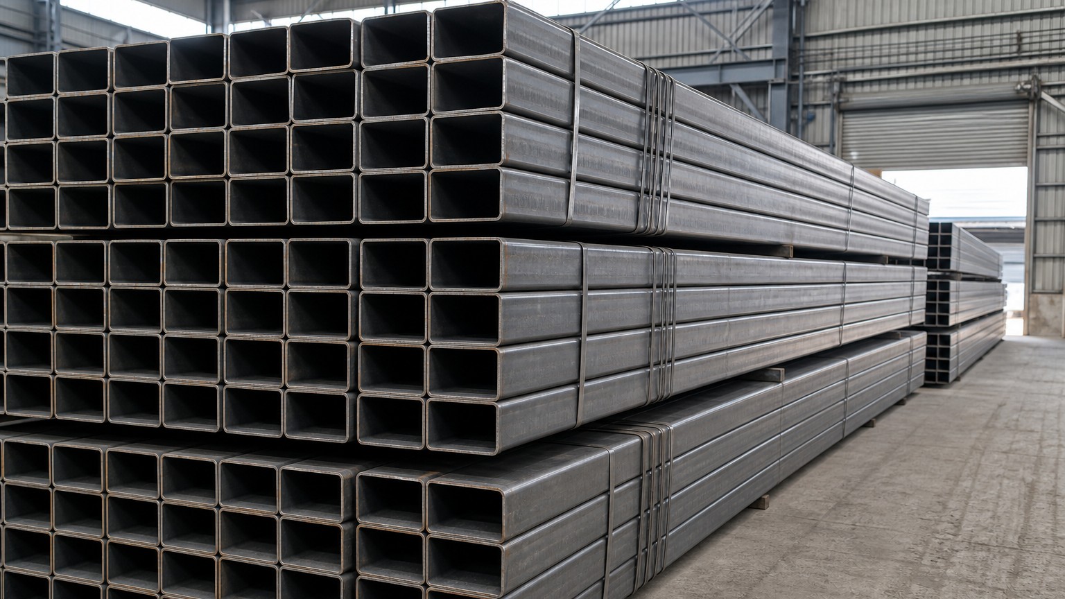 structural hollow section - square and rectangular steel tubes stacked in bundles in a steel warehouse