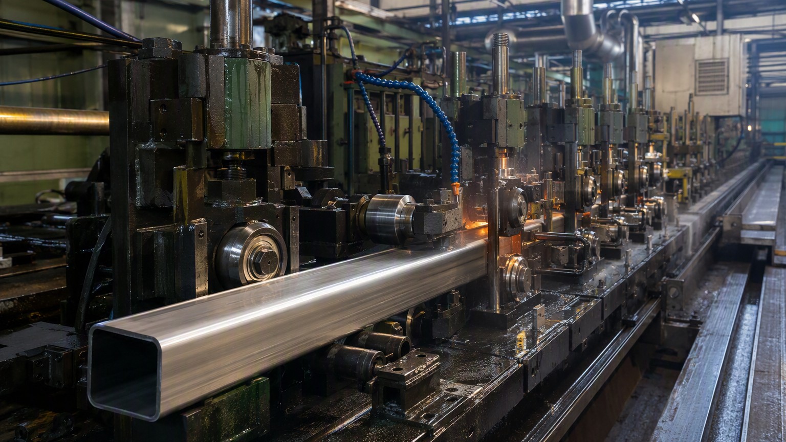 structural hollow section - square and rectangular steel tube emerging from a forming and welding line in a tube mill