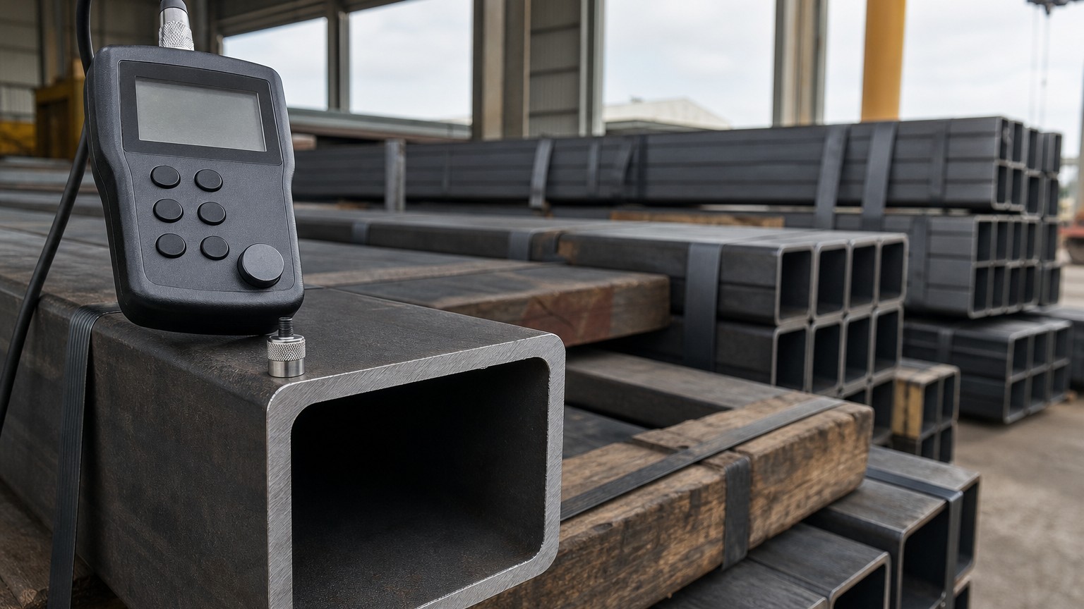 structural hollow section - rectangular steel tubes banded into a bundle before loading for export shipment
