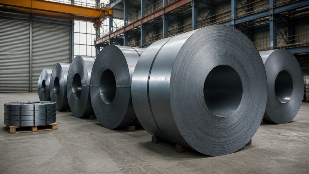 cold rolled steel coil grades - cold rolled steel coils stored in a steel service centre warehouse