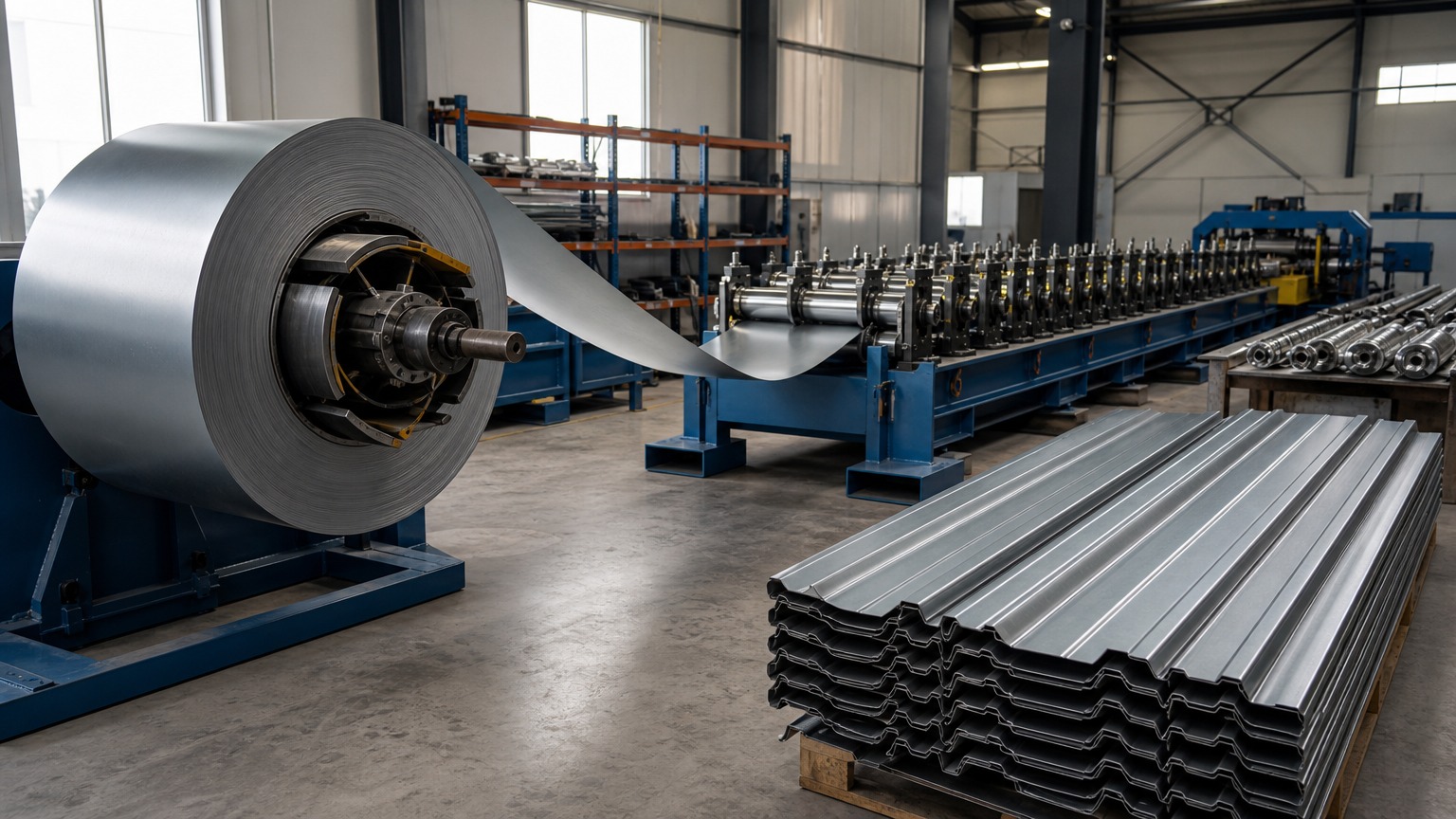 cold rolled steel coil grades - cold rolled coil feeding a roll forming line producing steel panels