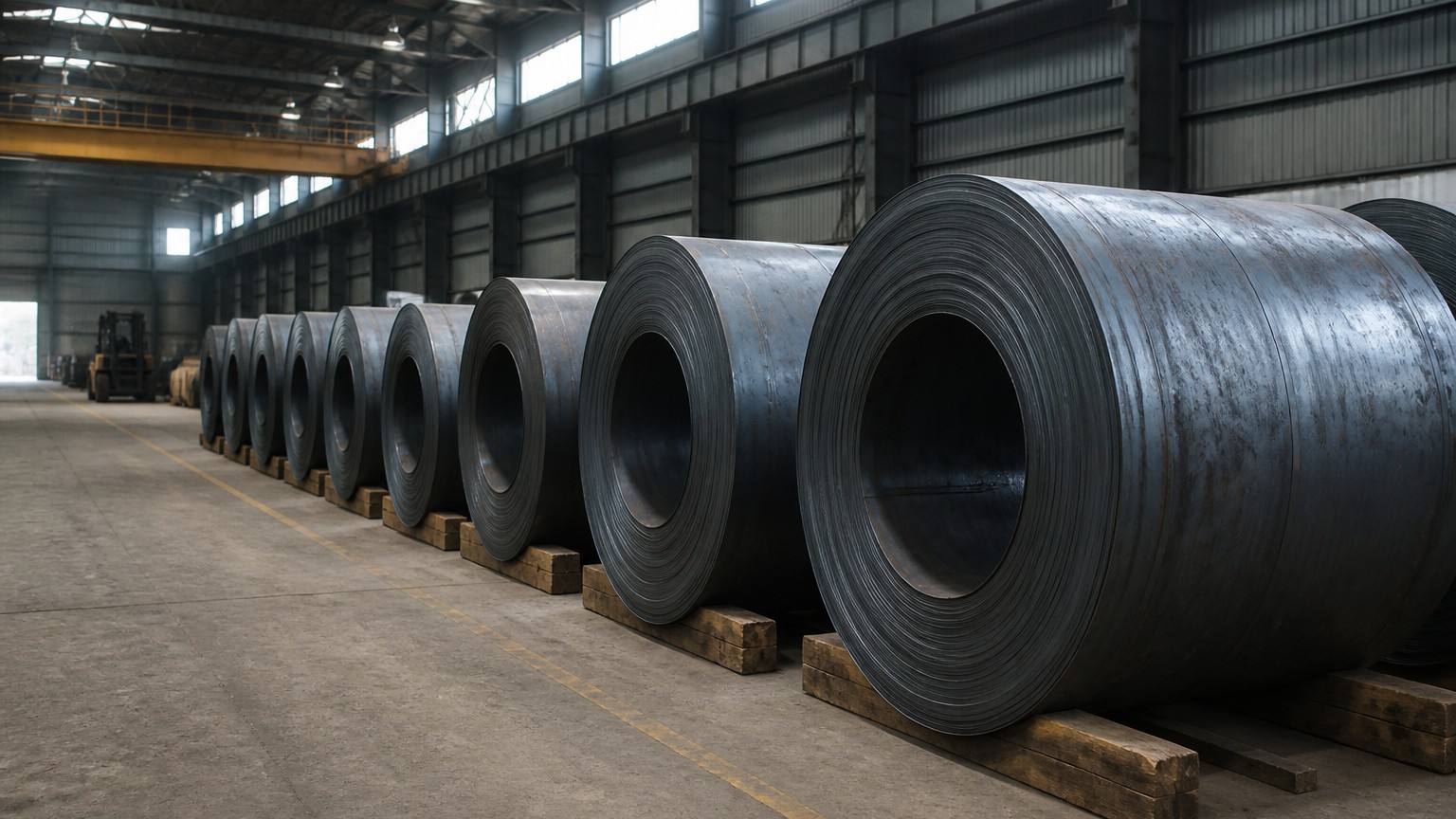 hot rolled vs cold rolled steel coil - hot rolled steel coil stacked in a mill warehouse before processing