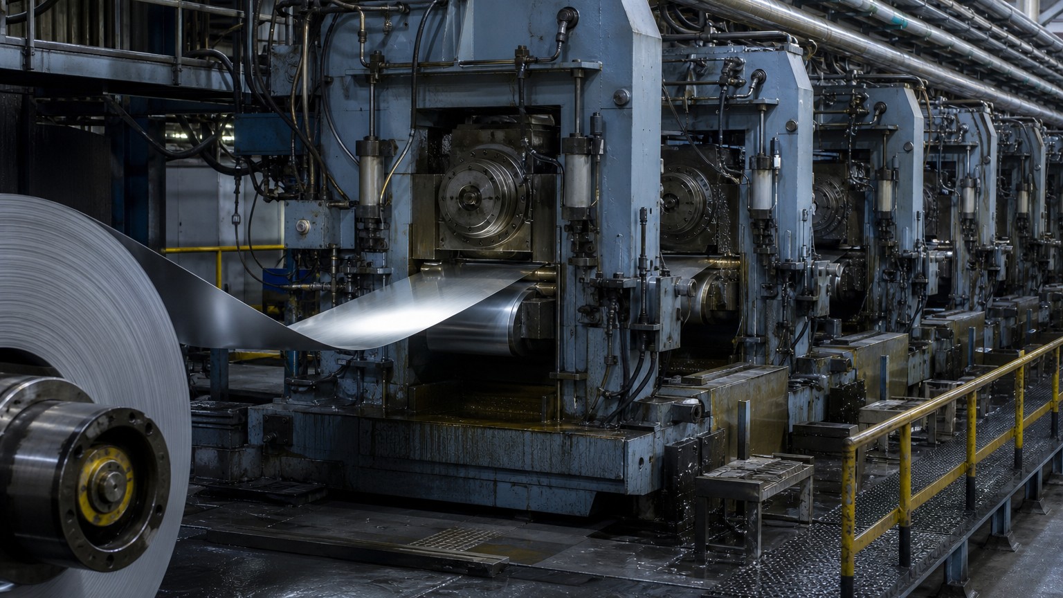 hot rolled vs cold rolled steel coil production - cold rolling mill reducing steel strip to finished thickness
