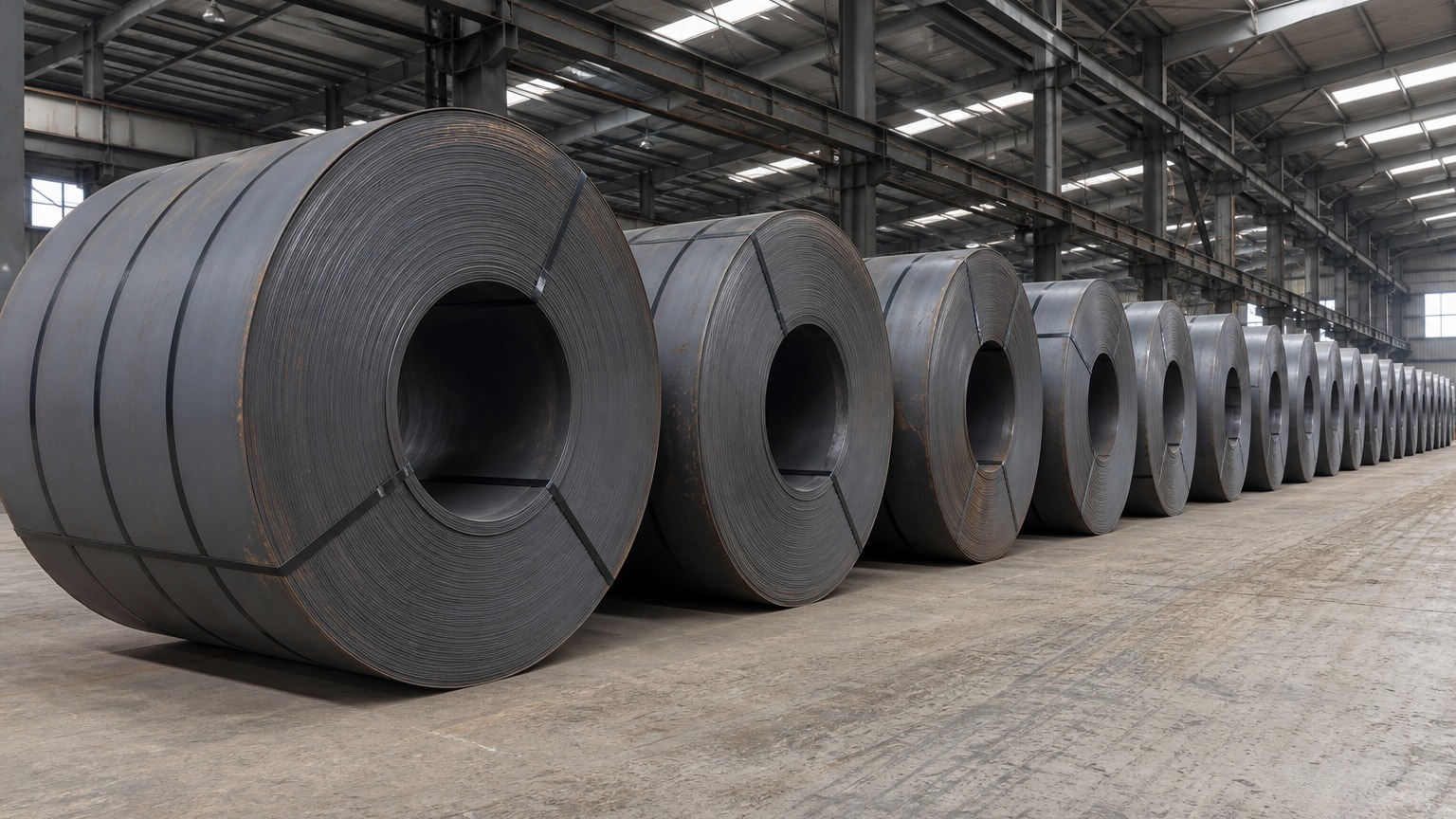 steel coil weight calculation - hot rolled steel coils stacked in a warehouse with visible coil eyes and strapping