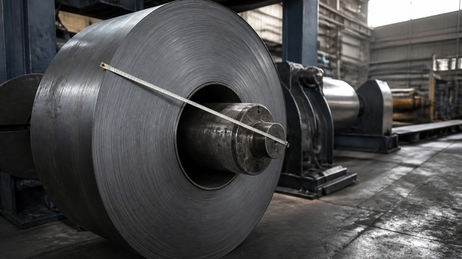 steel coil weight calculation - operator measuring the outer diameter of a hot rolled steel coil with a steel tape on the processing line