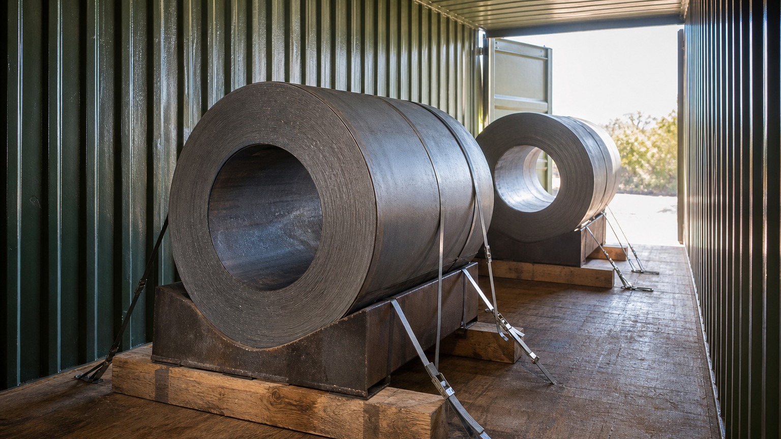 steel coil weight calculation - hot rolled steel coils secured with strapping and saddles inside a container during loading