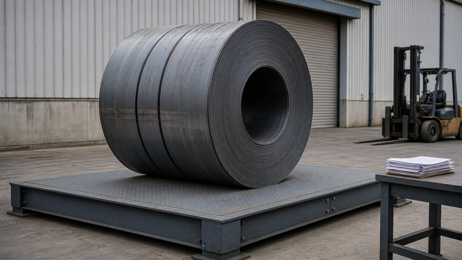 steel coil weight calculation - steel coil on a weighbridge being weighed against its mill test certificate and packing list