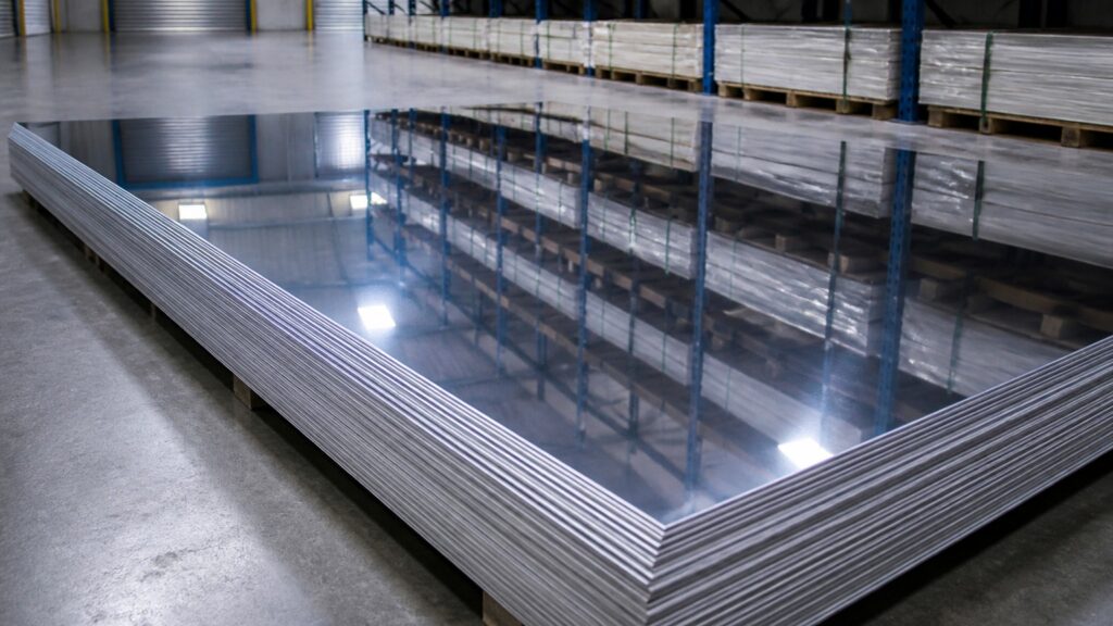 mirror finish stainless steel - stacked mirror polished stainless steel sheets reflecting the warehouse ceiling lights in a service centre