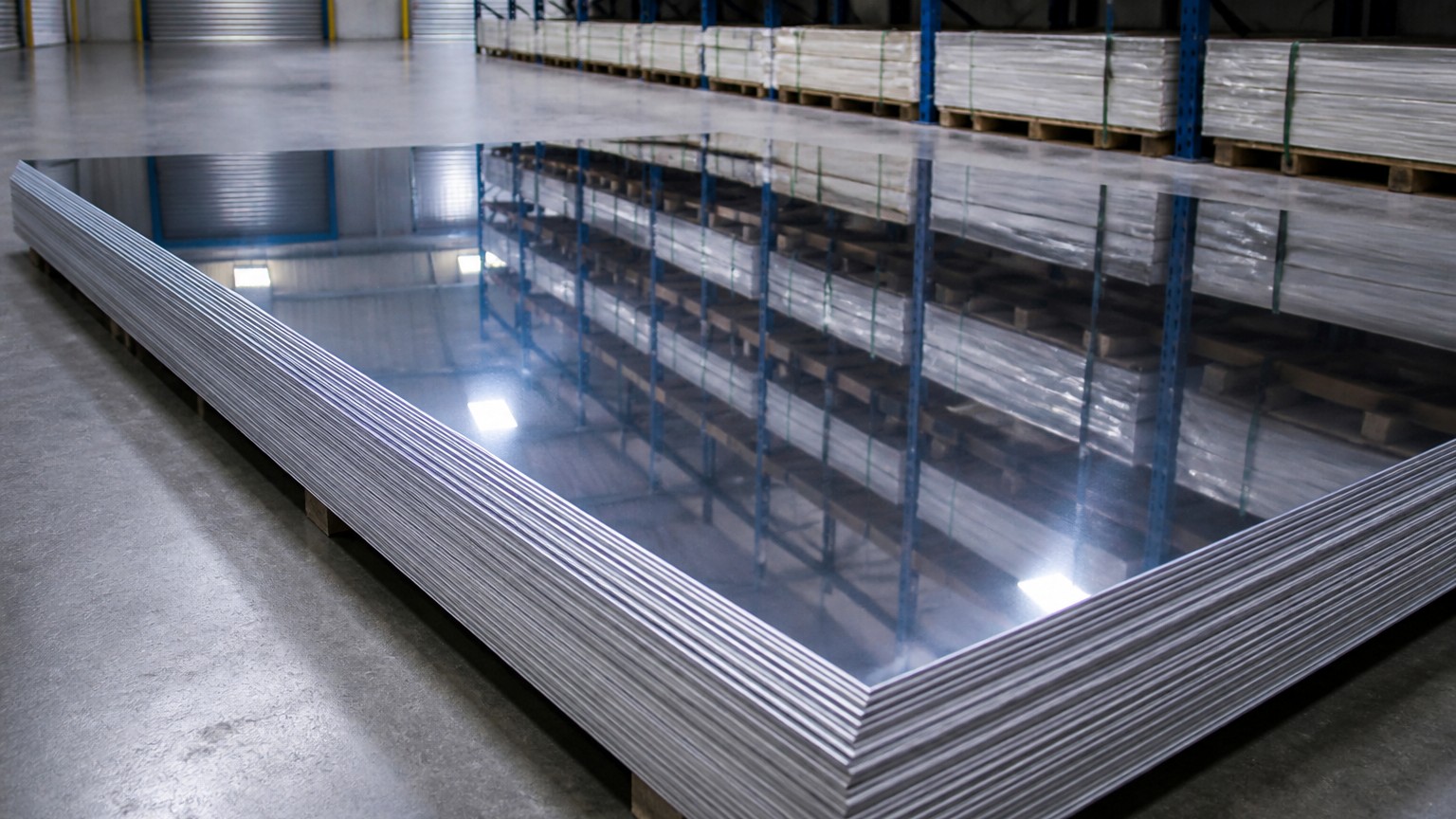 mirror finish stainless steel - stacked mirror polished stainless steel sheets reflecting the warehouse ceiling lights in a service centre