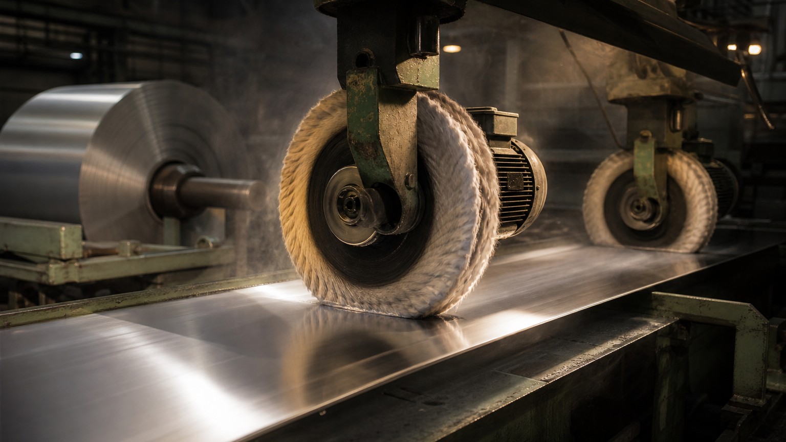 mirror finish stainless steel - stainless steel sheet passing through a mechanical polishing line with rotating cotton mop buffing wheels