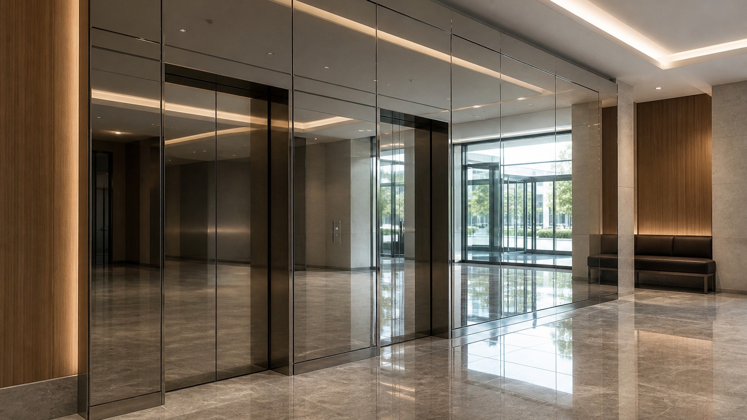 mirror finish stainless steel - lift doors and wall cladding clad in mirror finish stainless steel plate reflecting the lobby floor