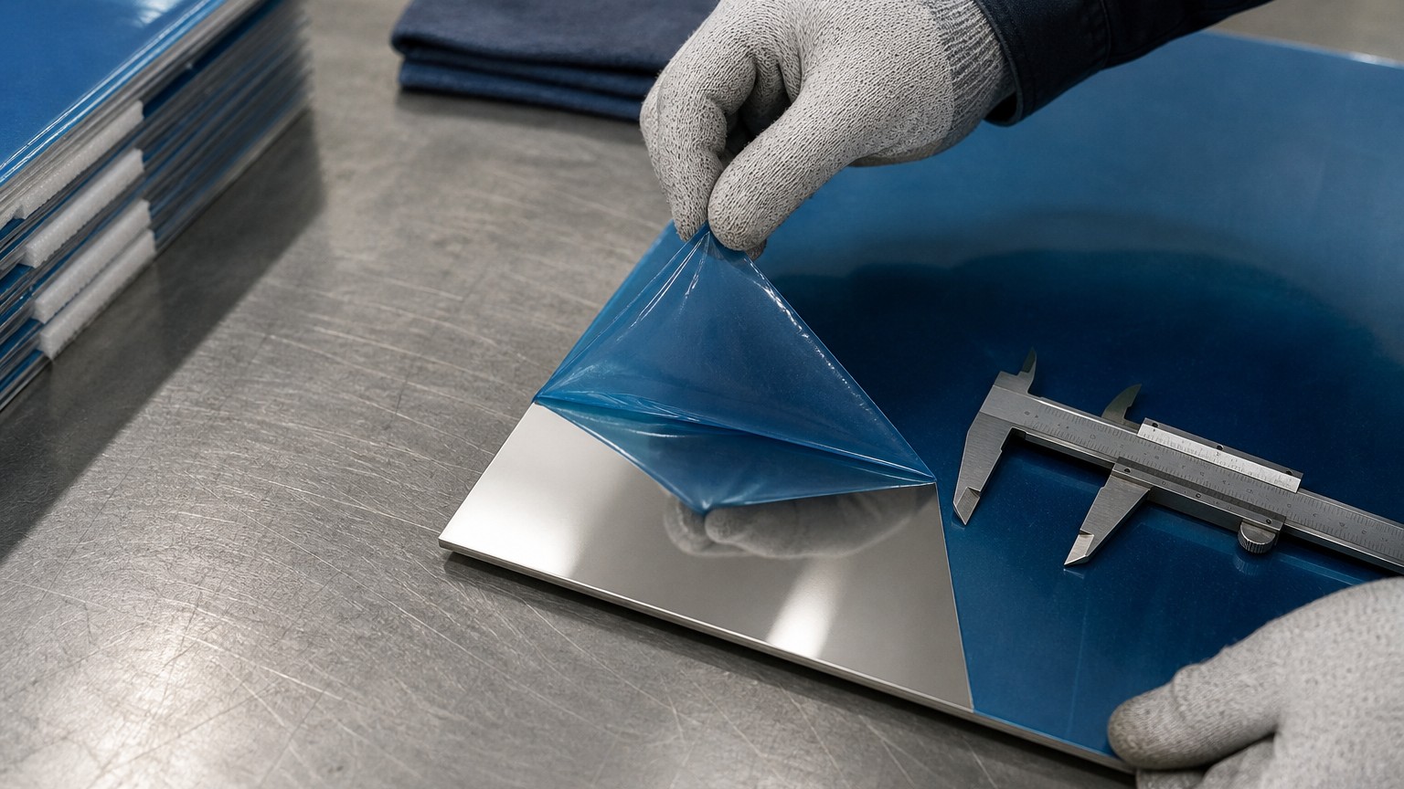 mirror finish stainless steel - gloved hands peeling protective PVC film from a mirror finish stainless steel plate during inspection