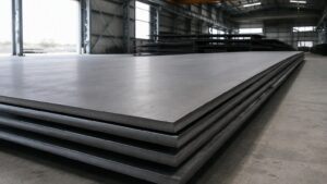 stainless steel surface finish - stacked hot rolled stainless steel plates with a No.1 mill finish in a mill warehouse