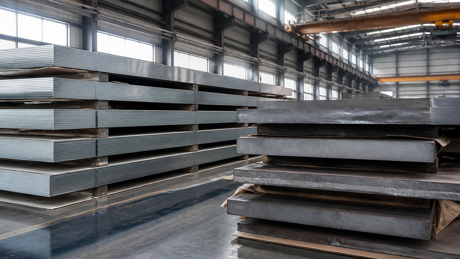 stainless steel quality test - stacked 304 and 316L stainless steel plates waiting for inspection in a mill warehouse