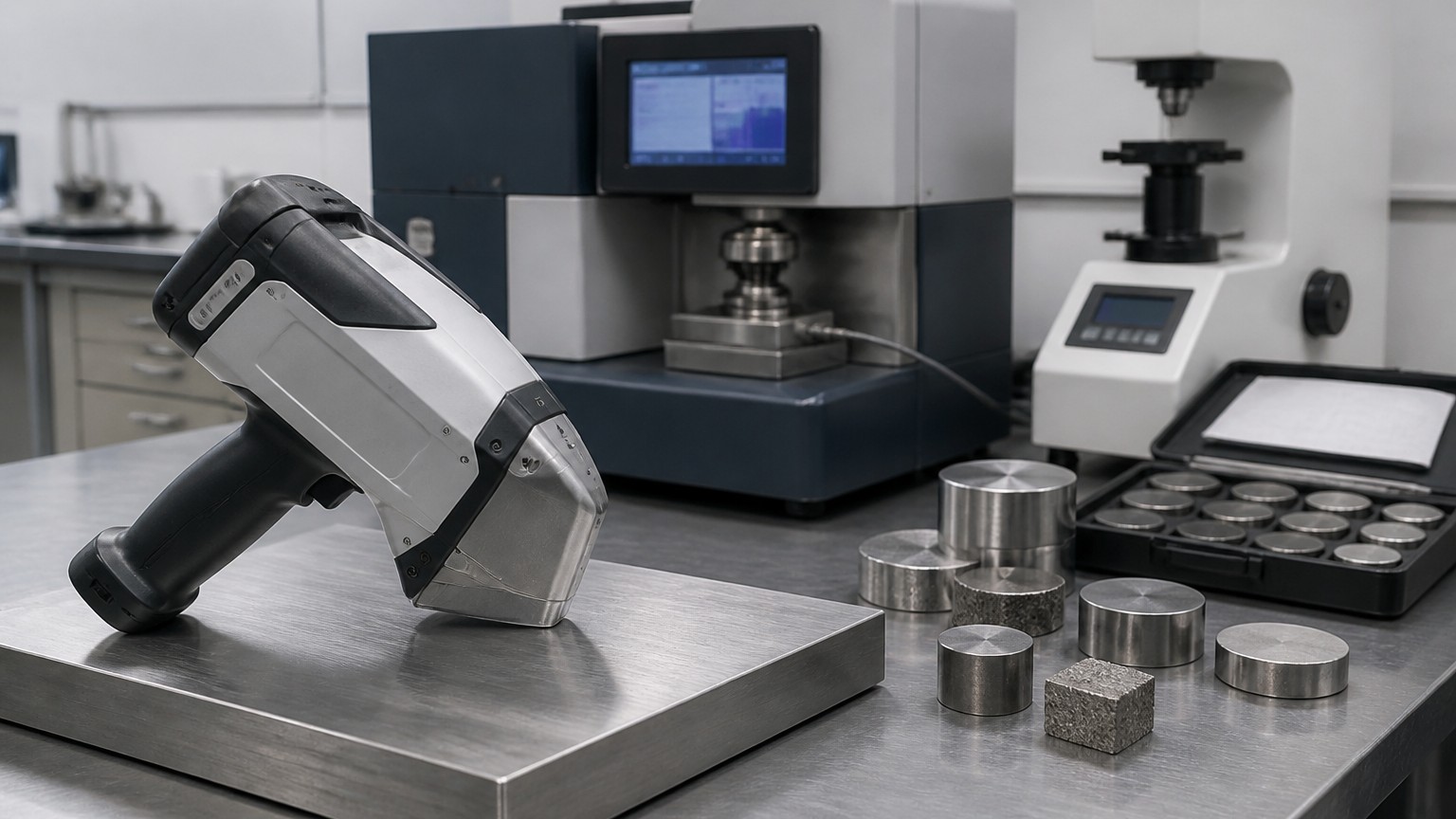 stainless steel quality test - handheld XRF alloy analyzer and spectrometer verifying stainless steel grade chemistry in a laboratory