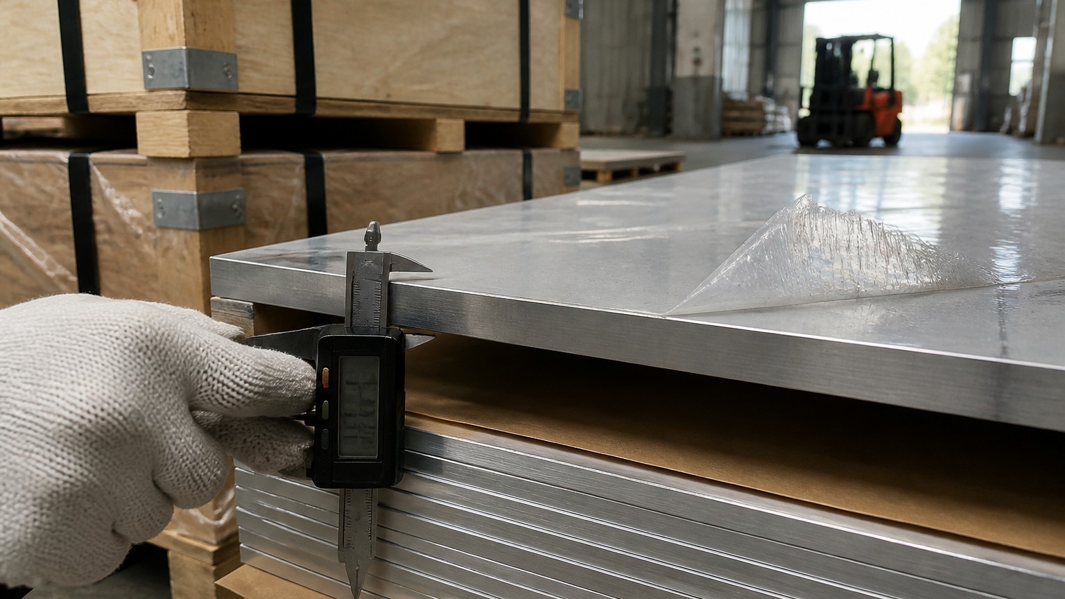 stainless steel quality test - digital caliper checking the thickness of a stainless steel plate before export packing
