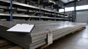 mill test certificate - stainless steel plates stacked with an inspection record clipboard on the top plate