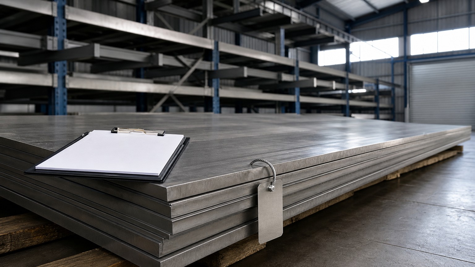 mill test certificate - stainless steel plates stacked with an inspection record clipboard on the top plate