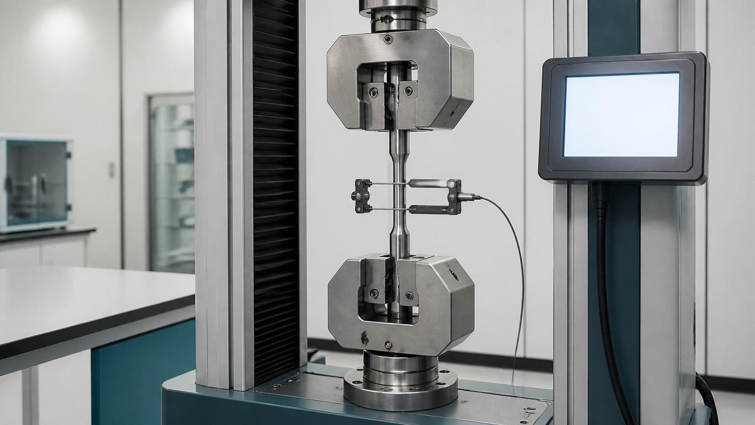 mill test certificate - tensile test machine gripping a round steel specimen in a testing laboratory
