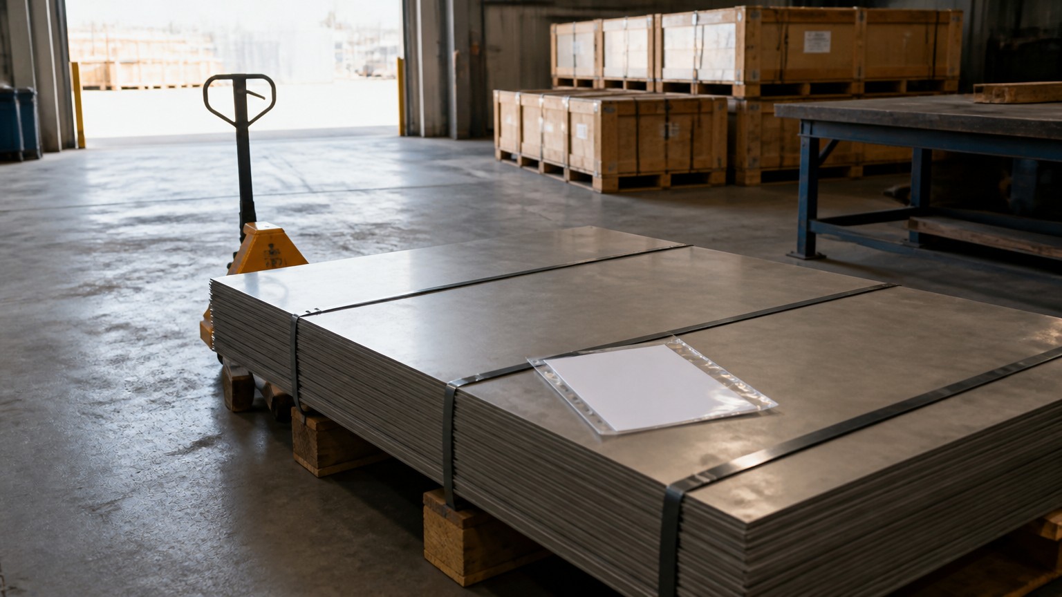 mill test certificate - banded stainless steel plates packed on timber dunnage with shipping documents