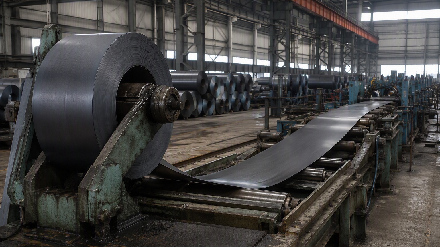 erw pipe manufacturing - hot rolled steel coil uncoiling at the entry of an ERW pipe mill