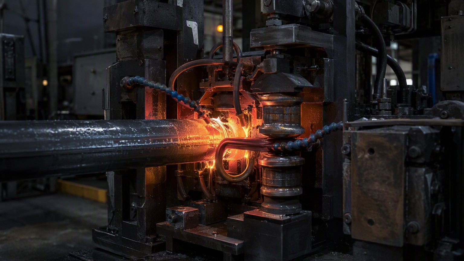 erw pipe manufacturing - high frequency induction welding station forming the longitudinal seam of a steel pipe