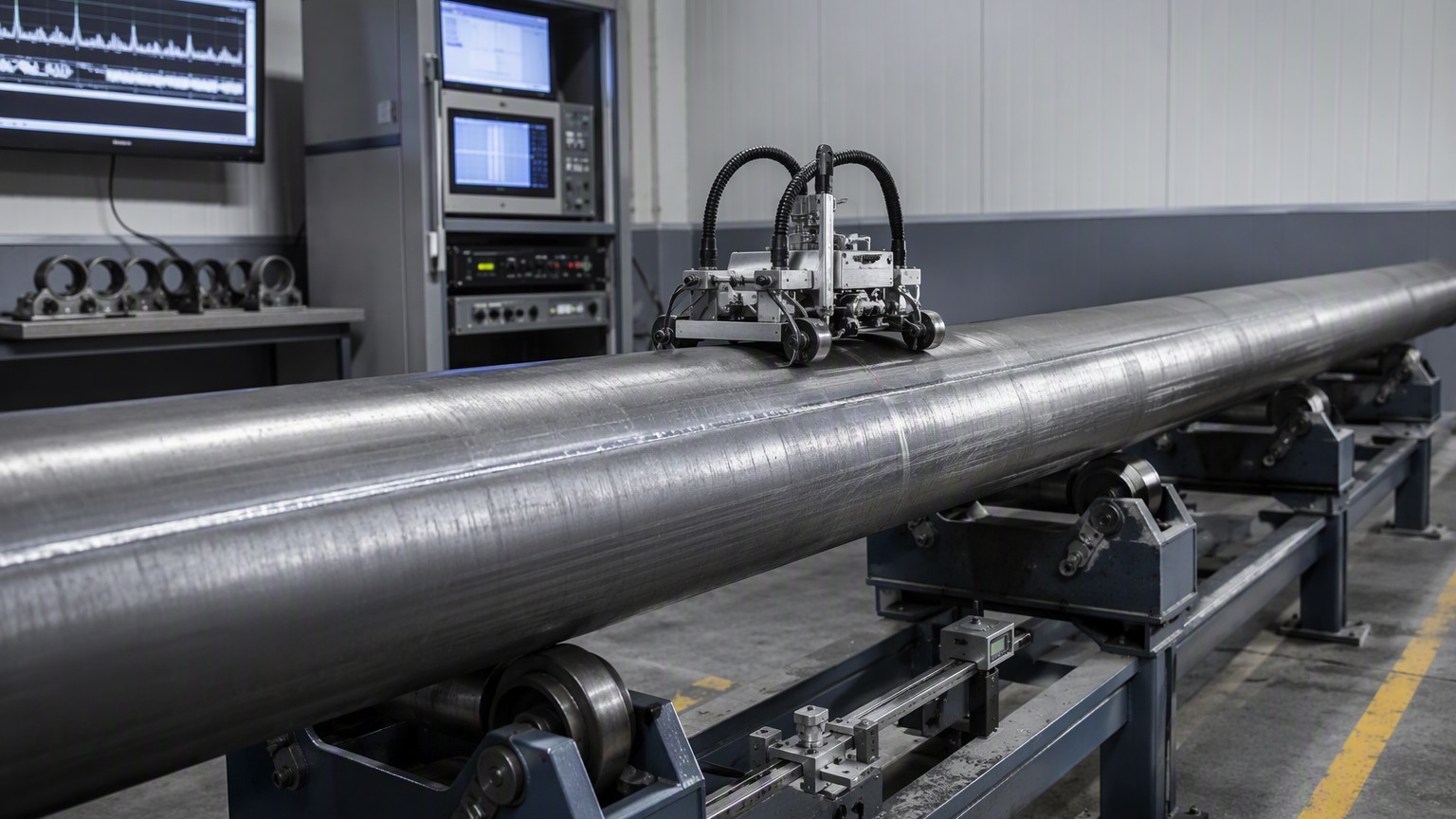 erw pipe manufacturing - ultrasonic seam inspection and dimensional check of ERW pipe before packing