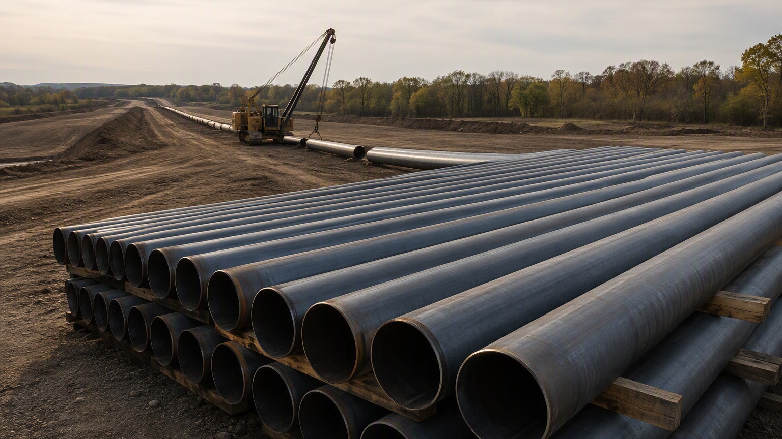 erw pipe manufacturing - ERW line pipe stacked and strung for a gas transmission pipeline project