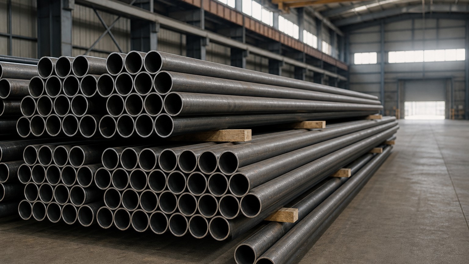 erw vs seamless pipe - stacked bundles of welded and seamless steel line pipe in a mill warehouse
