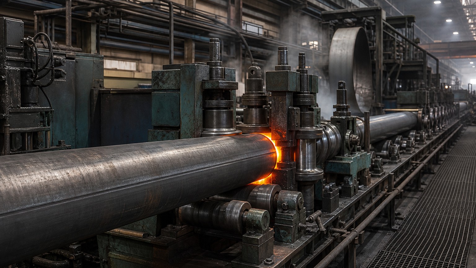 erw vs seamless pipe - ERW pipe production line cold-forming steel strip into welded tube at the HF weld station