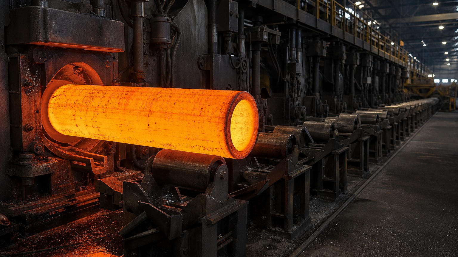 erw vs seamless pipe - seamless steel pipe hot piercing mill with a glowing shell on the roller table