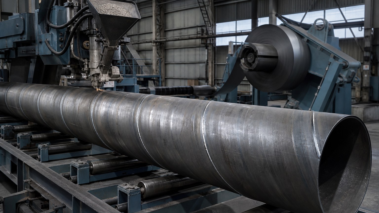 lsaw vs ssaw pipe - spiral submerged arc welded pipe leaving the SSAW forming mill with a helical seam