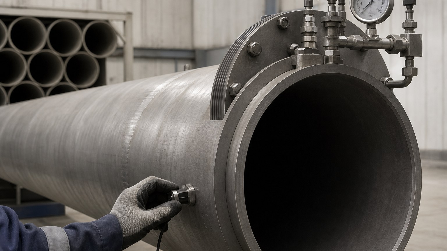 lsaw vs ssaw pipe inspection - hydrostatic test head and ultrasonic gauge on a large diameter welded pipe