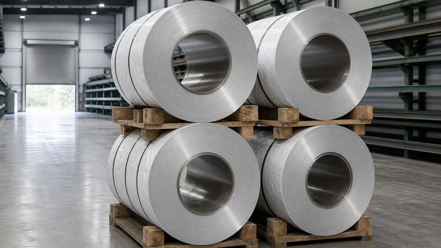 outdoor marine steel - 304 stainless steel coils stacked in a steel service centre warehouse before coastal shipment
