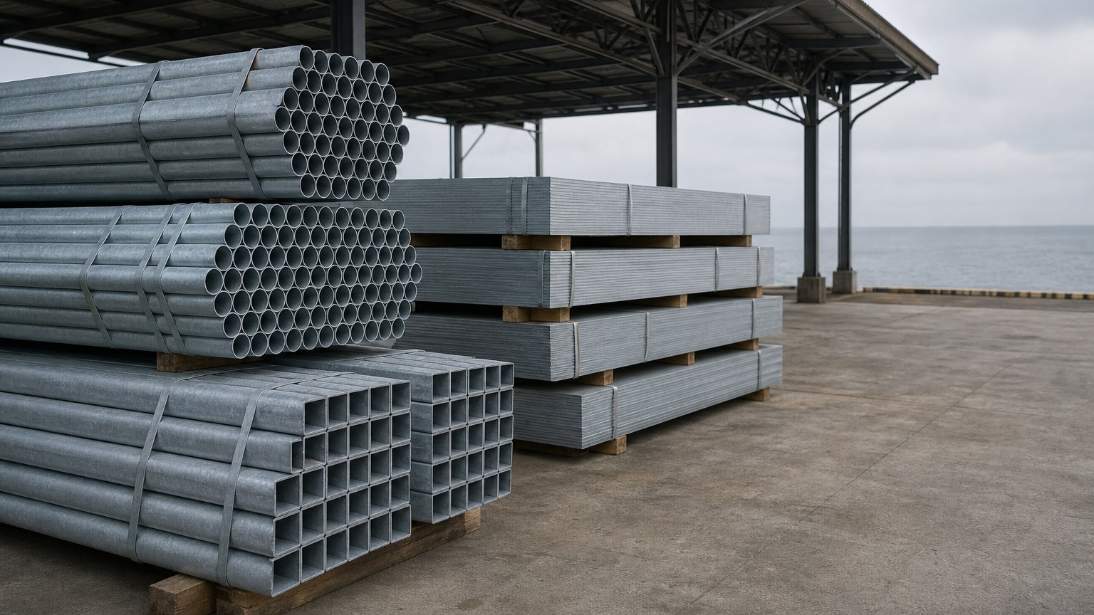 outdoor marine steel - galvanized steel tube and sheet stored under a port-side canopy close to the coast