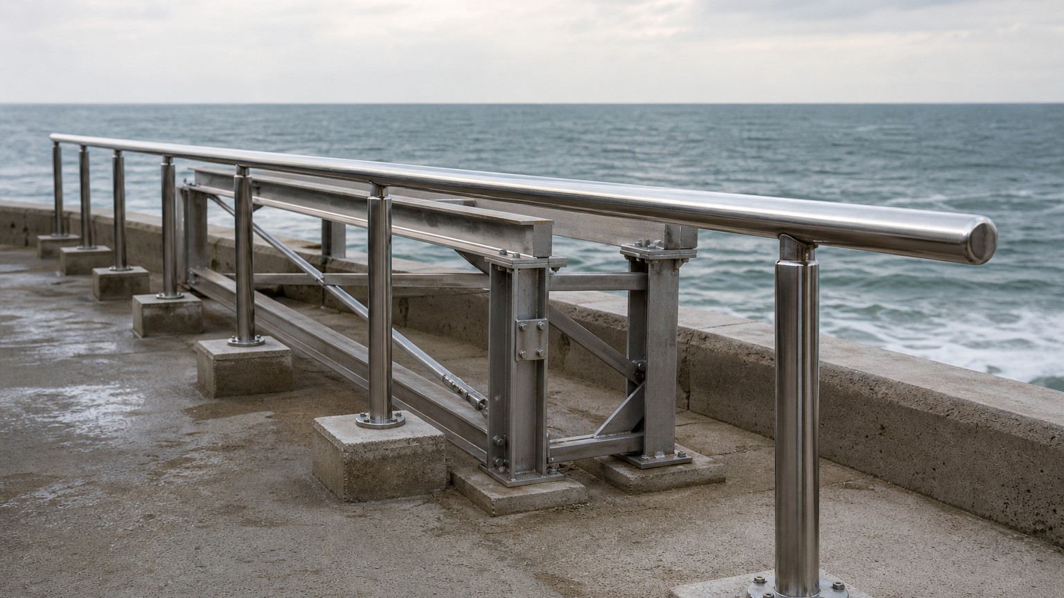 outdoor marine steel - stainless steel handrail and support frame on a seaside promenade exposed to salt spray