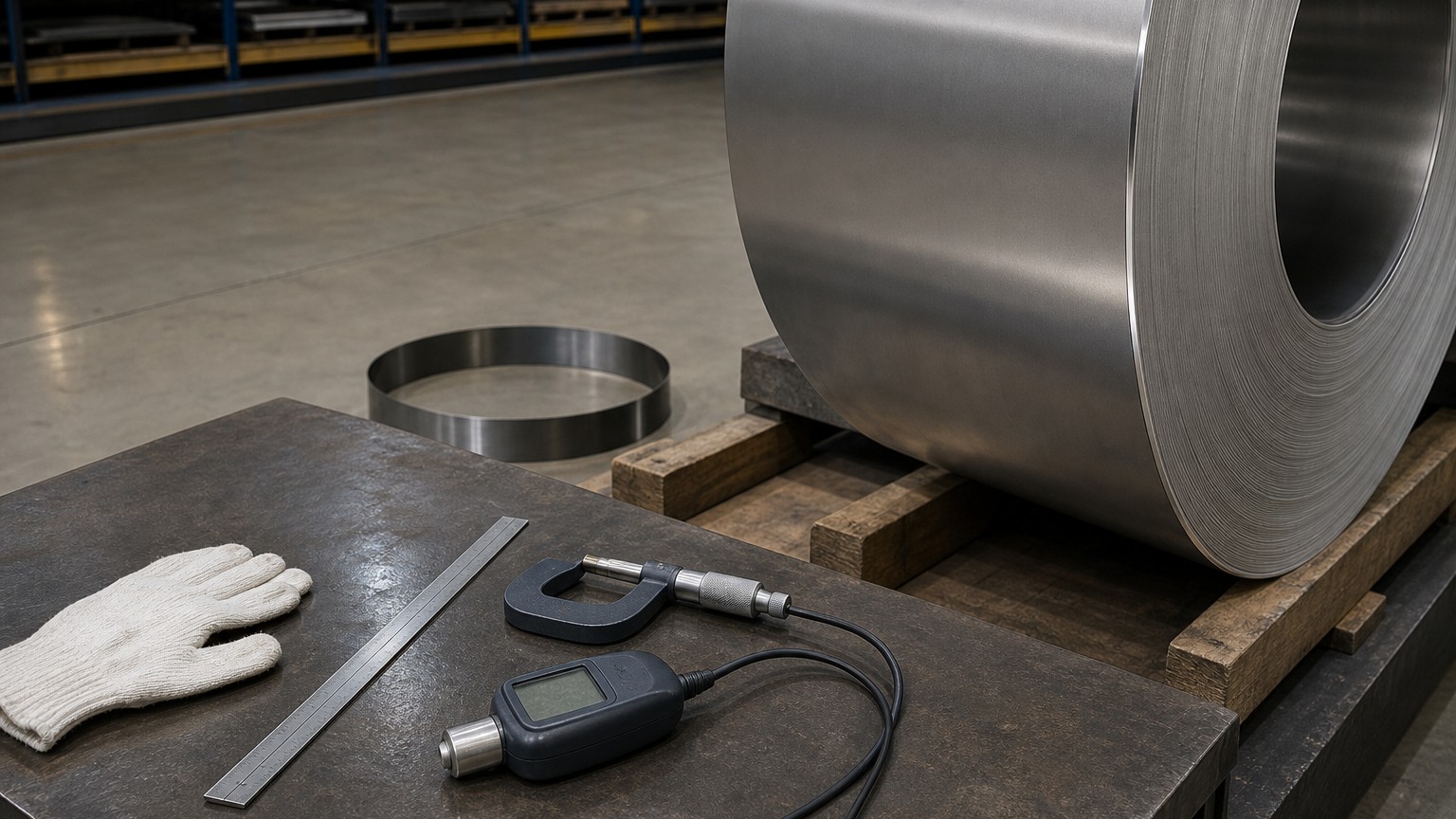 outdoor marine steel - inspector measuring a stainless steel coil edge before dispatch to a coastal project